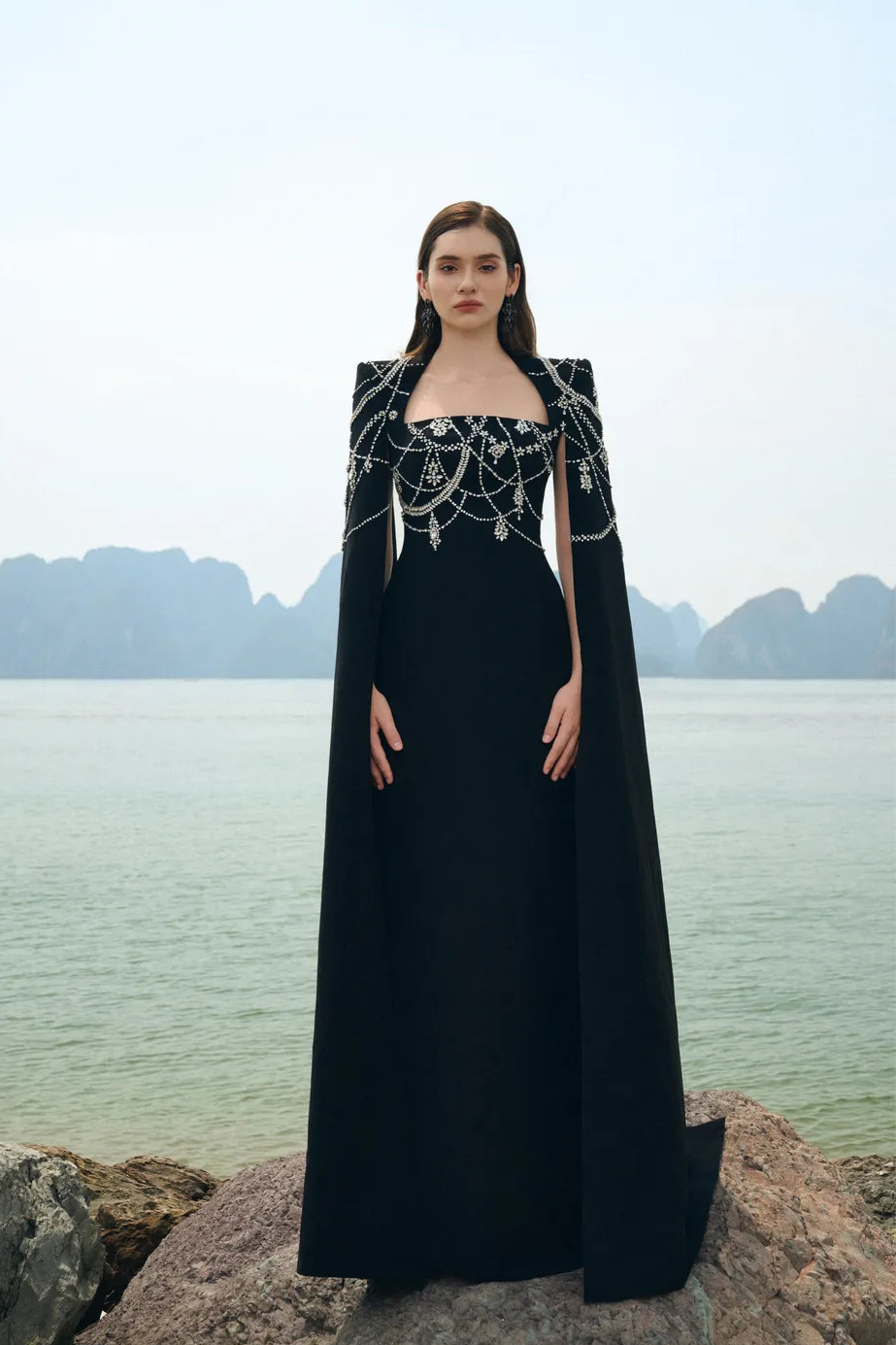 Wavy Crystalline Long Cape Sleeves Dress