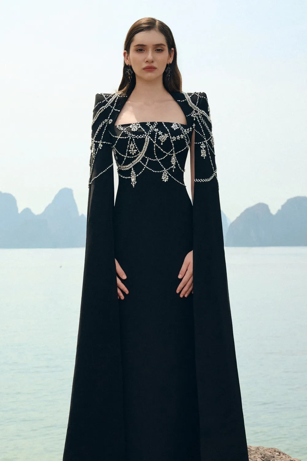 Wavy Crystalline Long Cape Sleeves Dress
