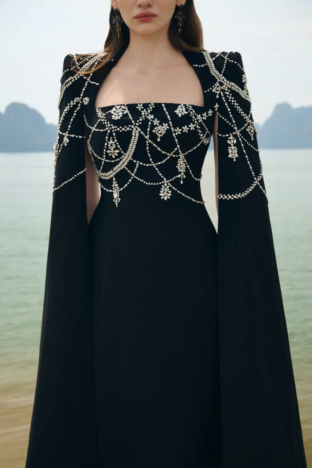 Wavy Crystalline Long Cape Sleeves Dress