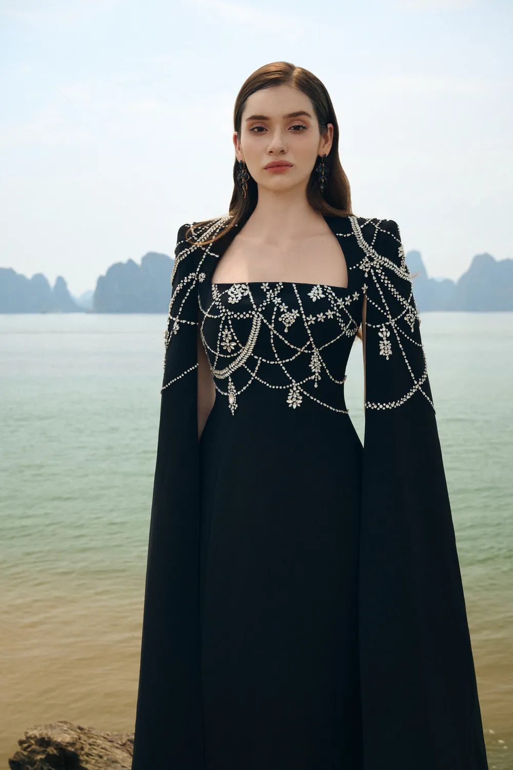 Wavy Crystalline Long Cape Sleeves Dress