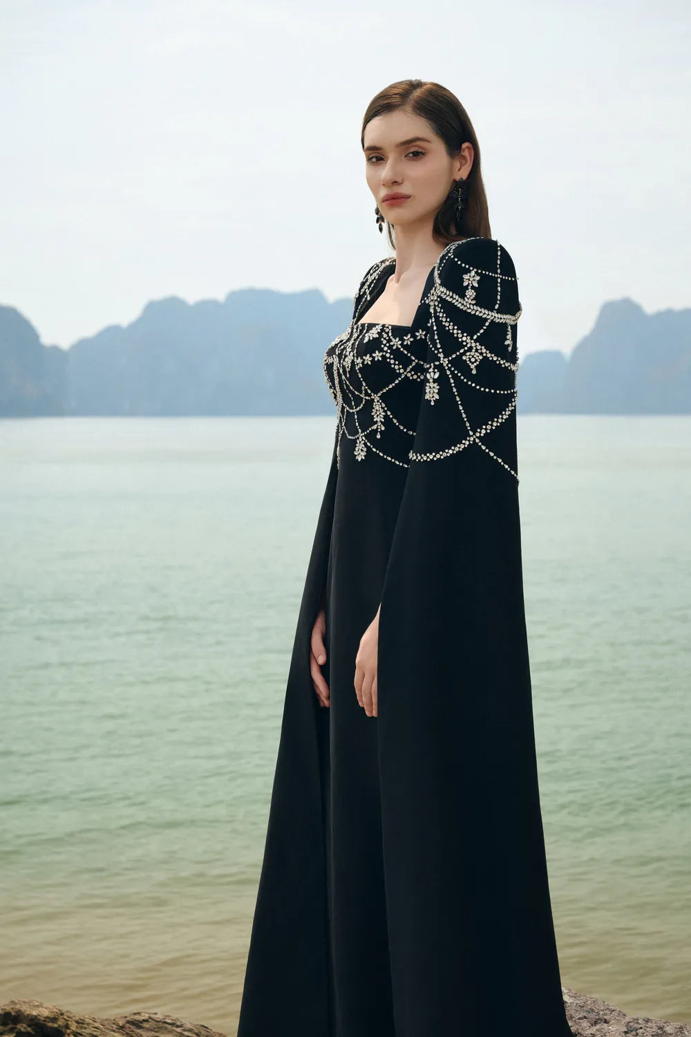 Wavy Crystalline Long Cape Sleeves Dress