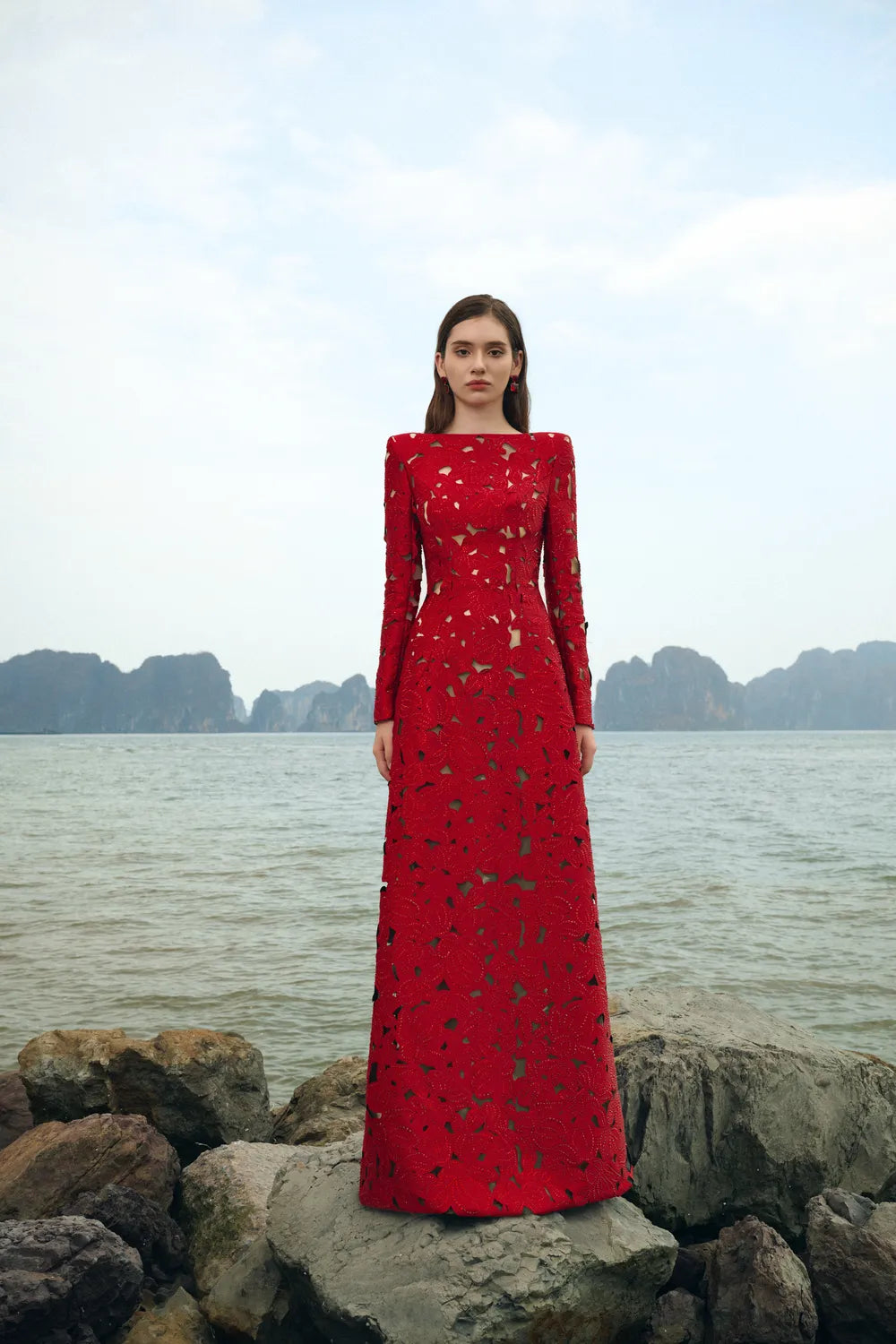 Long Sleeves Boat Neck Floral Lasercut Dress