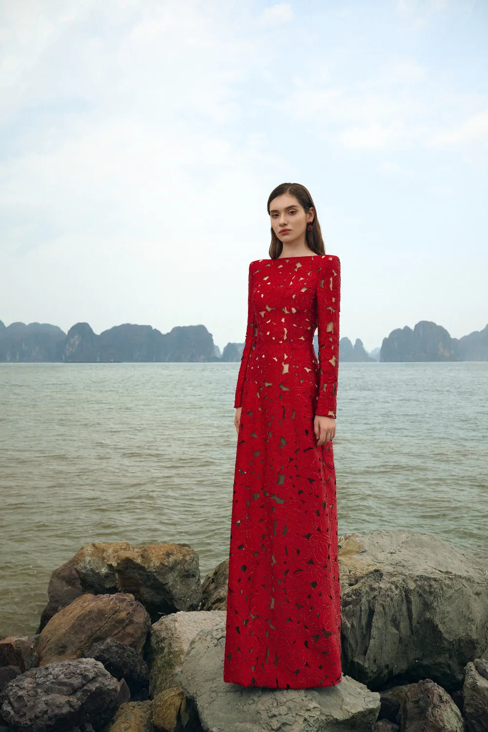 Long Sleeves Boat Neck Floral Lasercut Dress