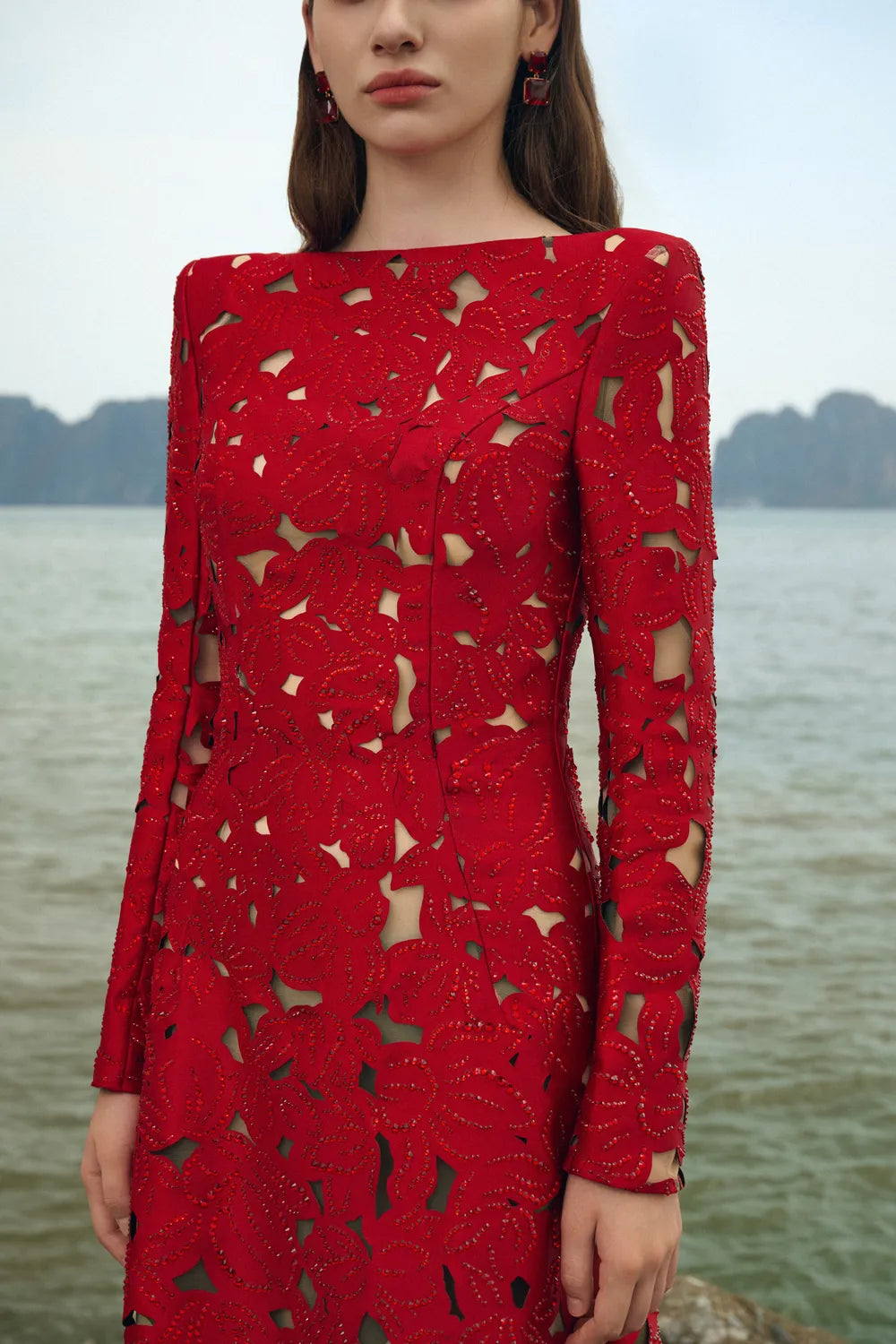 Long Sleeves Boat Neck Floral Lasercut Dress XS / Red