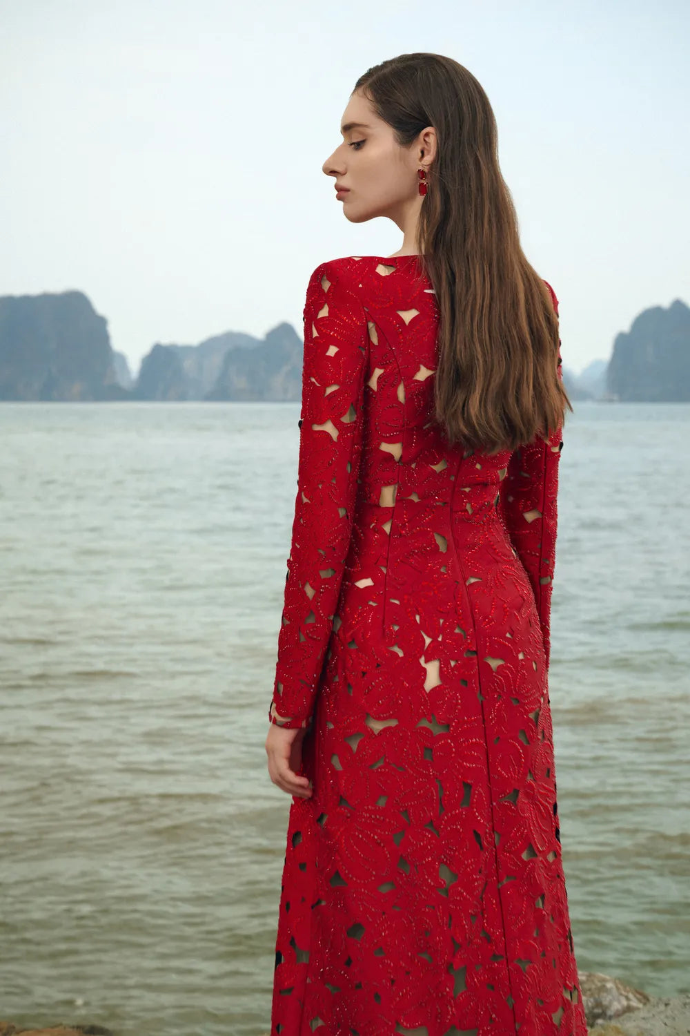 Long Sleeves Boat Neck Floral Lasercut Dress Xs / Red Long Sleeves Boat Neck Floral Lasercut Dress Xs / Red