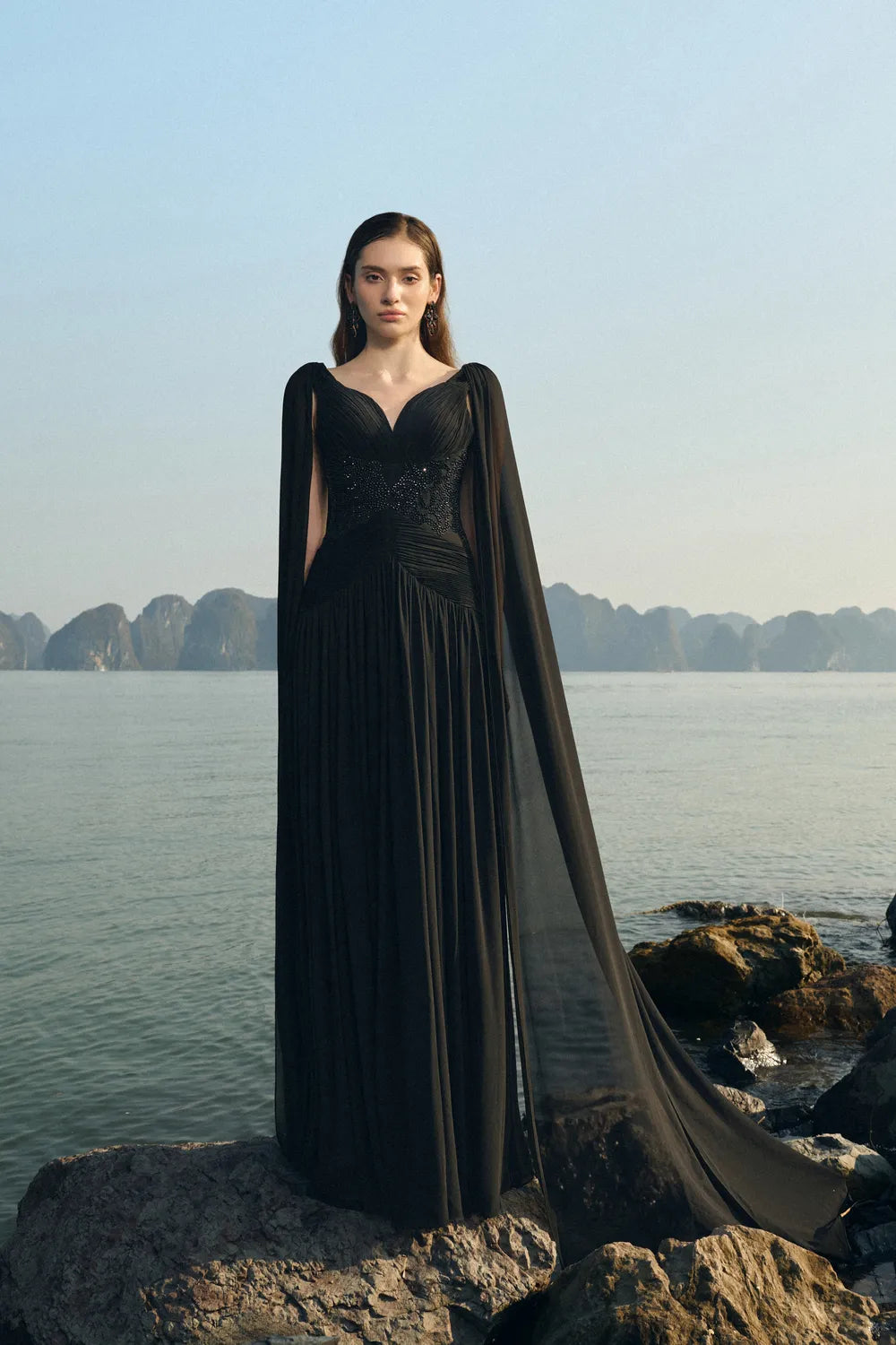 Stylized Neckline Wavy Flowing Cape Sleeves Dress