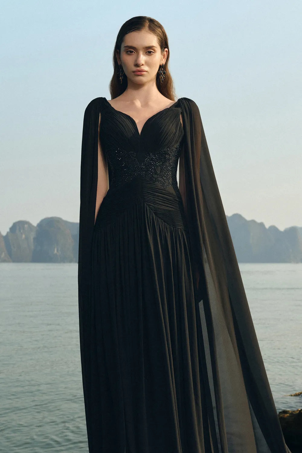 Stylized Neckline Wavy Flowing Cape Sleeves Dress