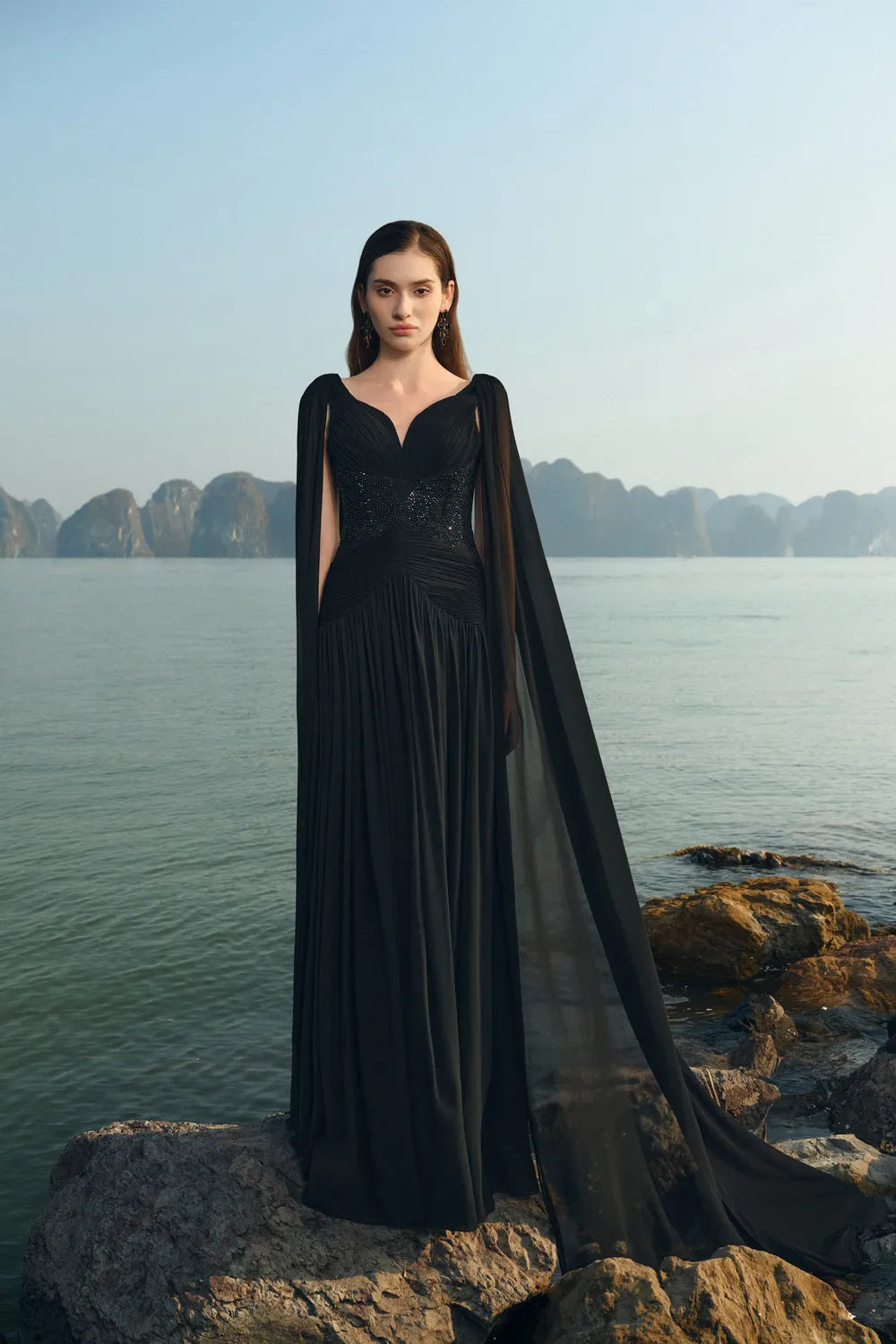 Stylized Neckline Wavy Flowing Cape Sleeves Dress