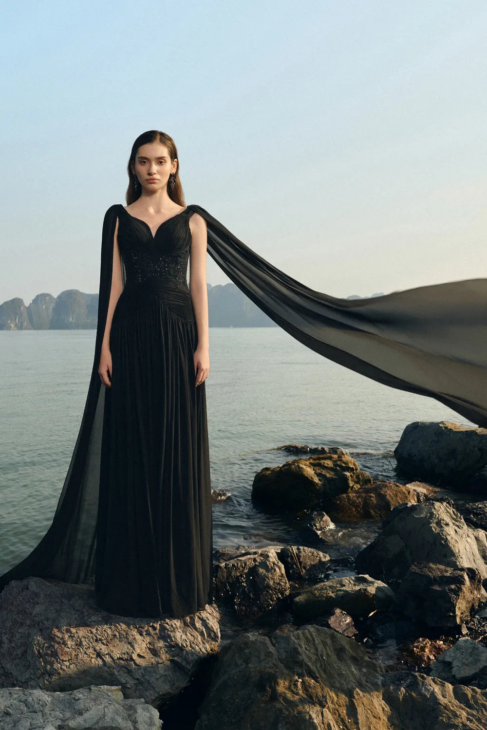 Stylized Neckline Wavy Flowing Cape Sleeves Dress