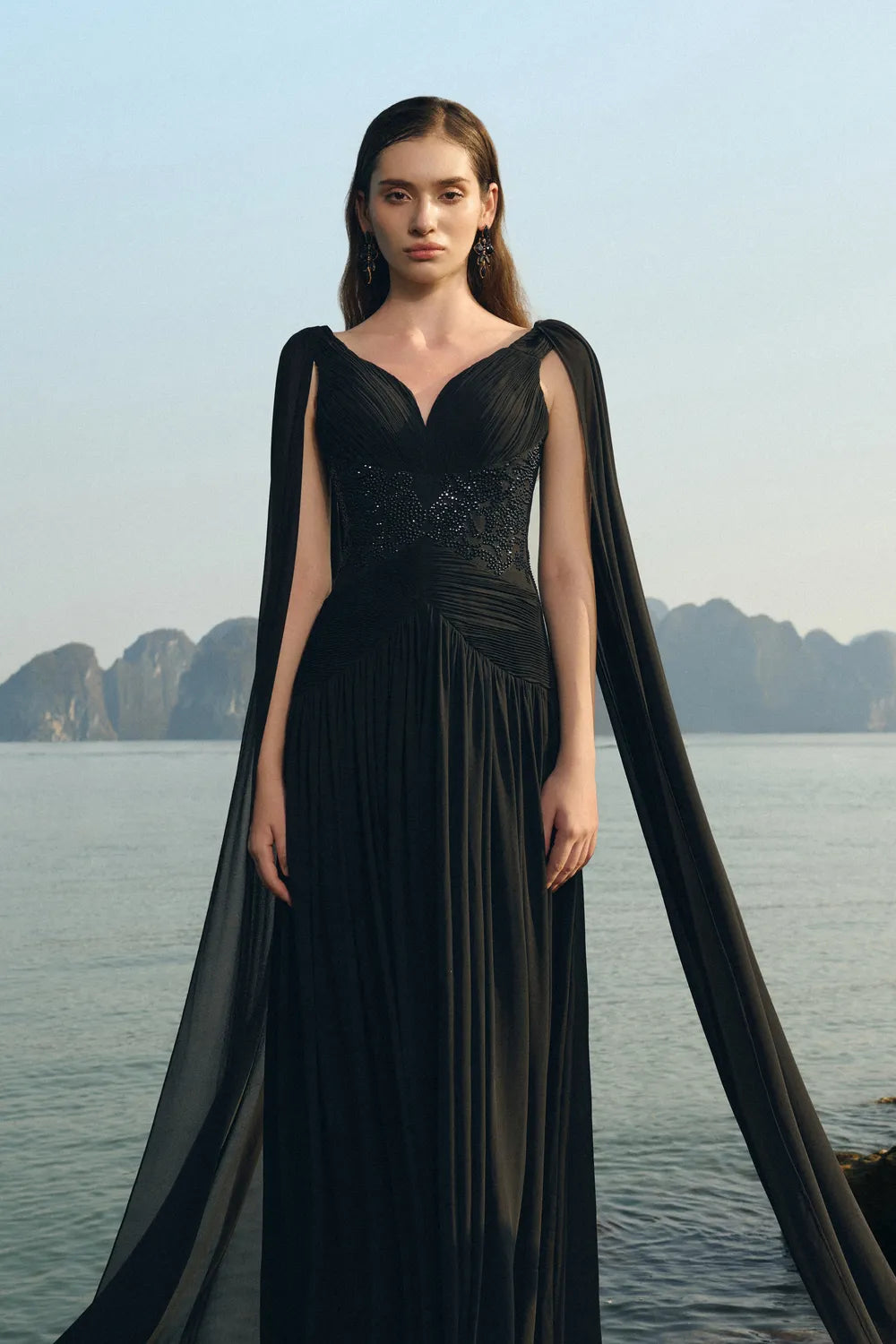 Stylized Neckline Wavy Flowing Cape Sleeves Dress