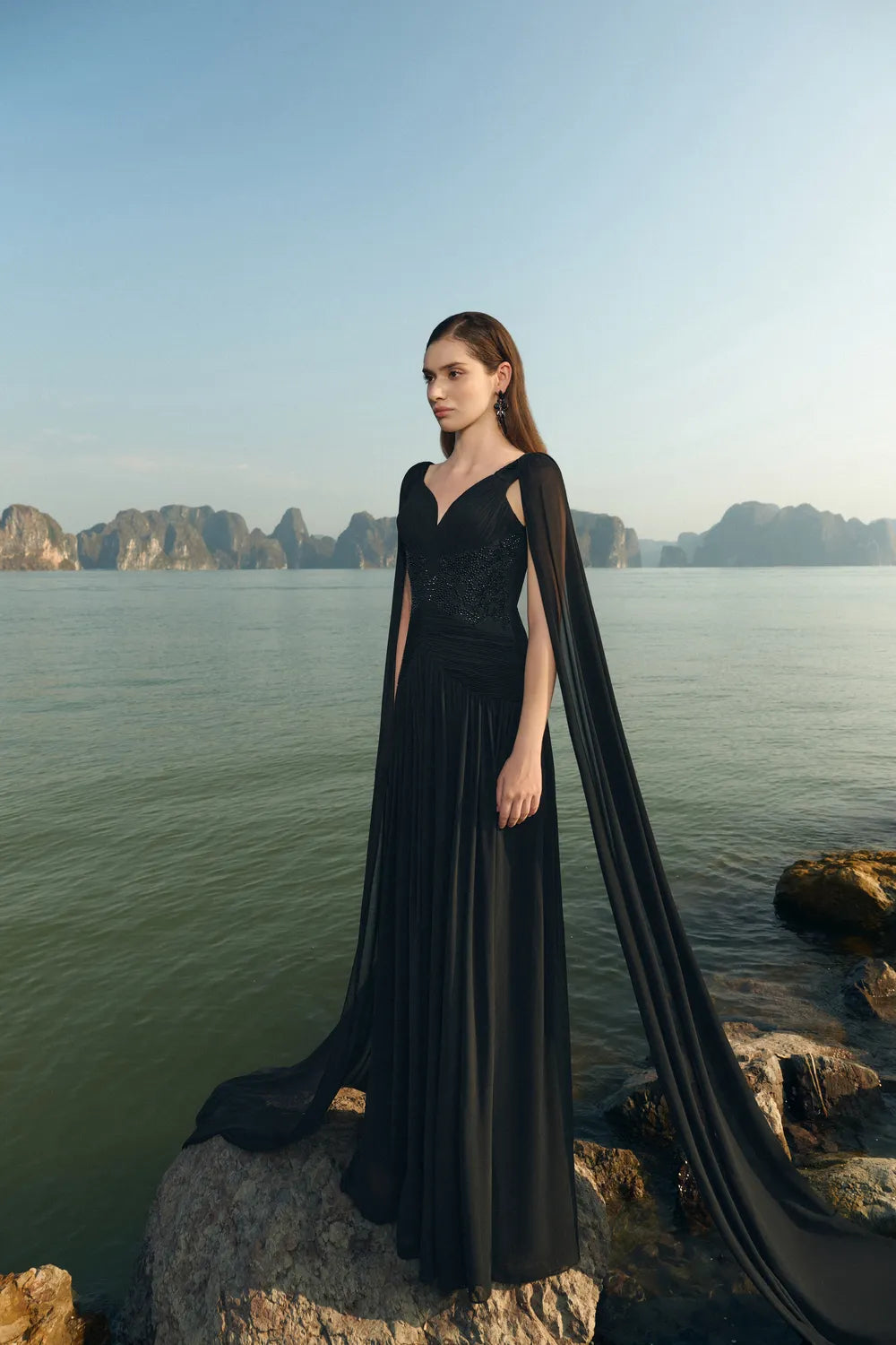 Stylized Neckline Wavy Flowing Cape Sleeves Dress