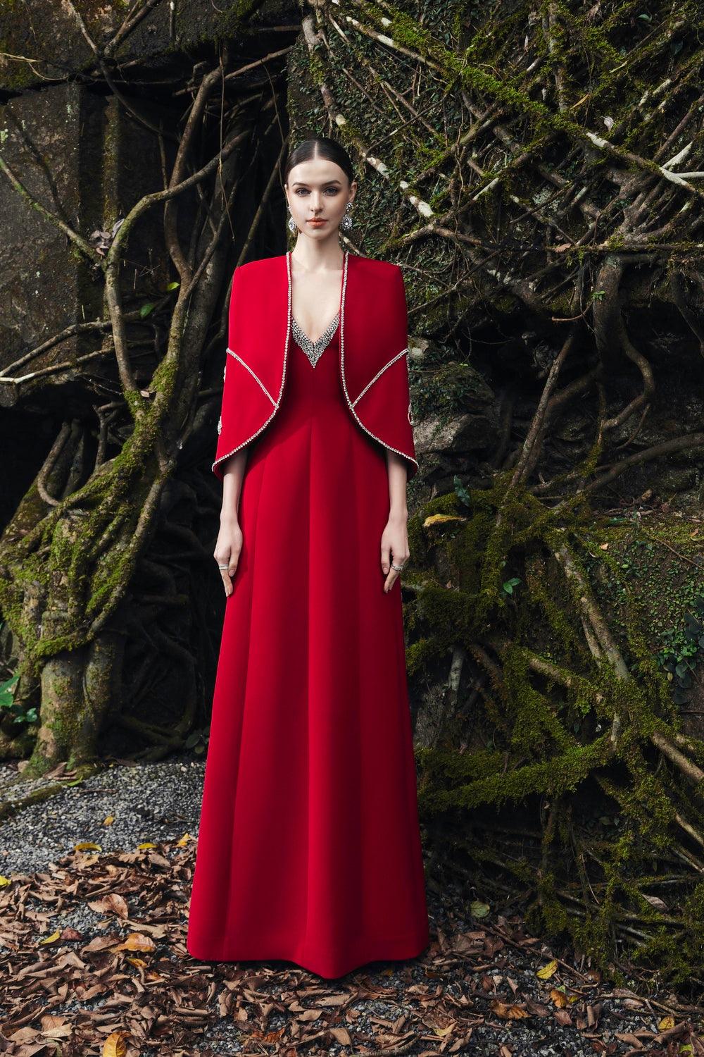 Back Orchid Crystal Embellished Cape With Crystal V-Neck A-line Dress Set