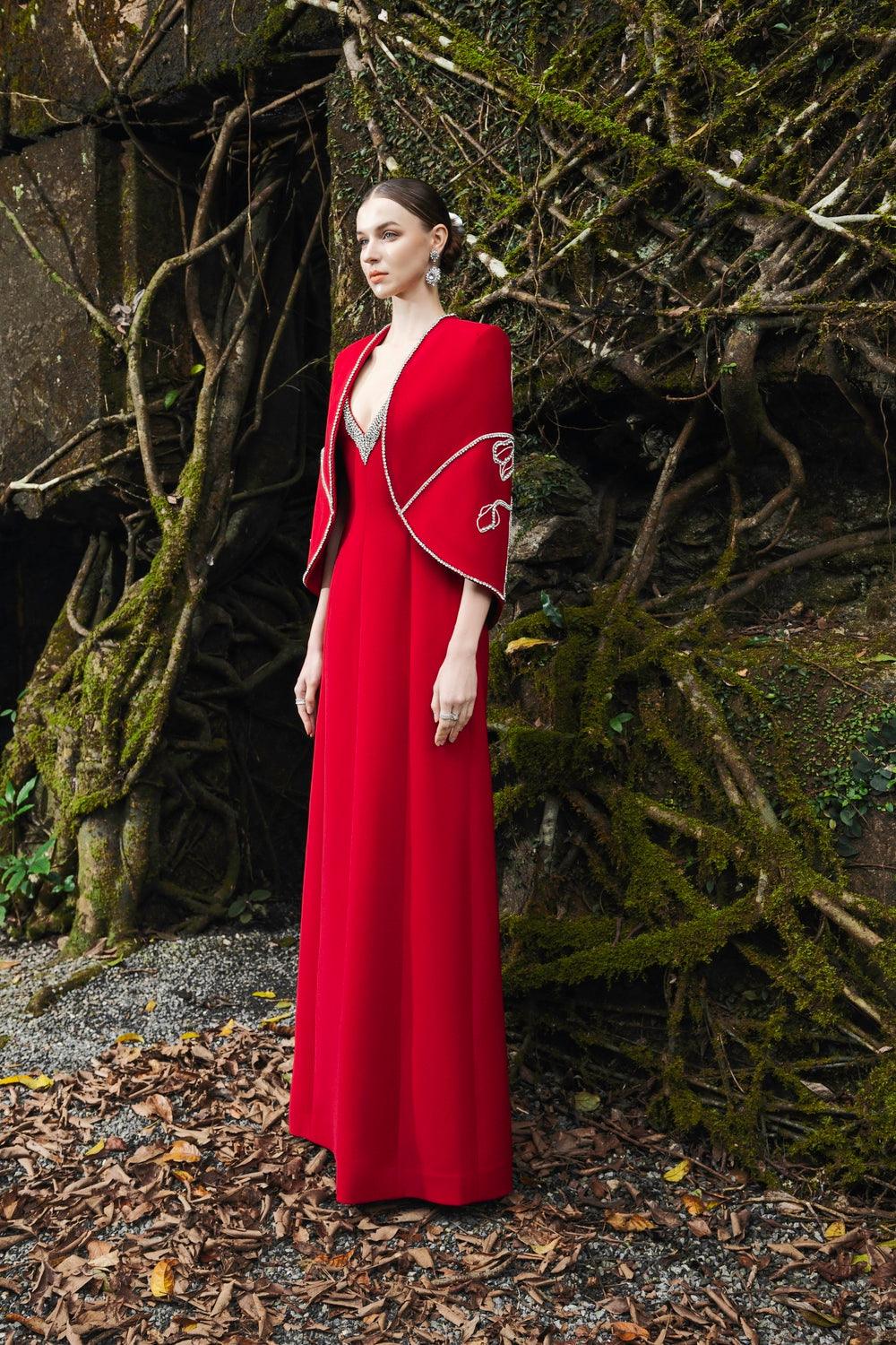 Back Orchid Crystal Embellished Cape With Crystal V-Neck A-line Dress Set