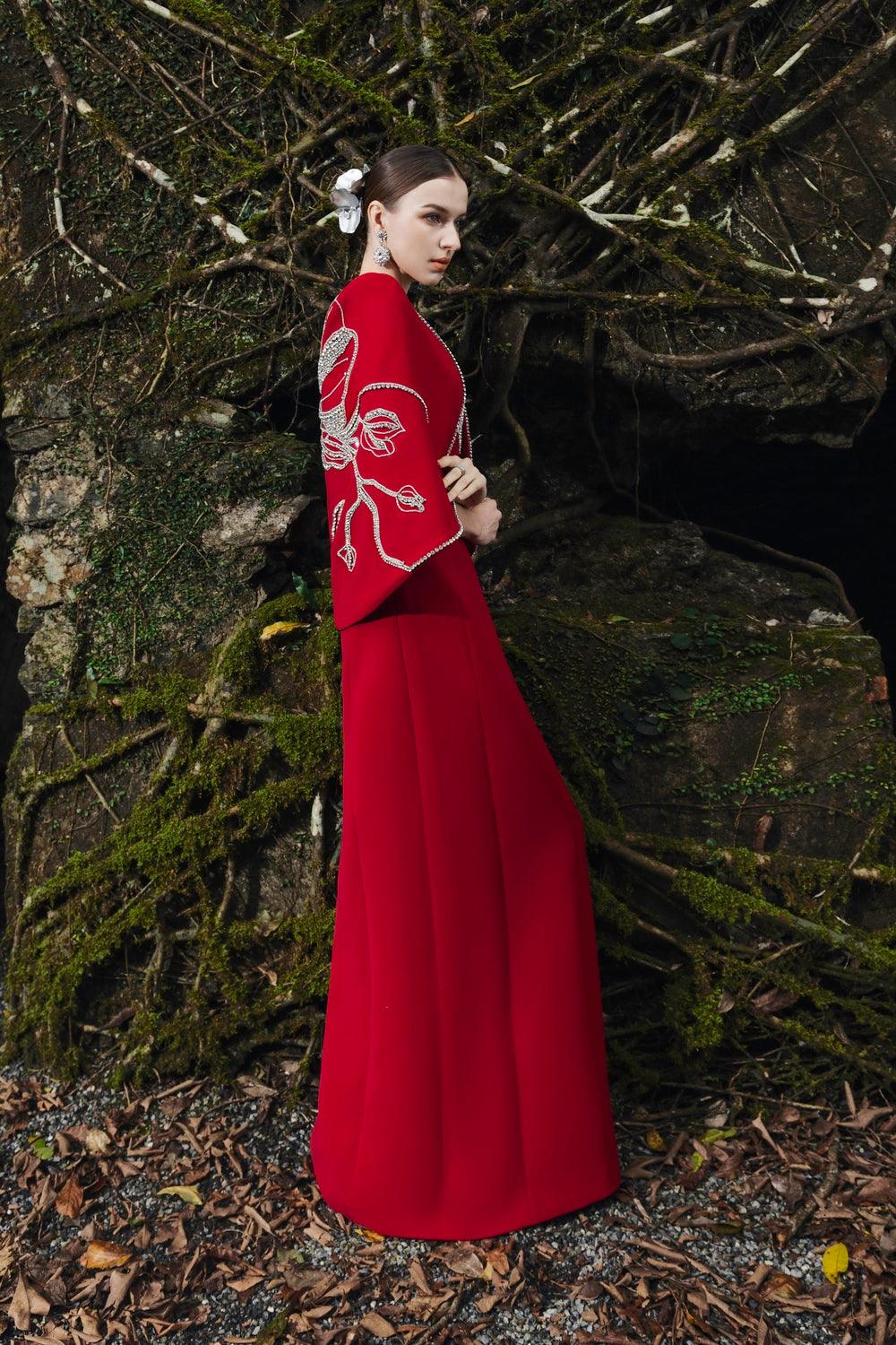 Back Orchid Crystal Embellished Cape With Crystal V-Neck A-line Dress Set