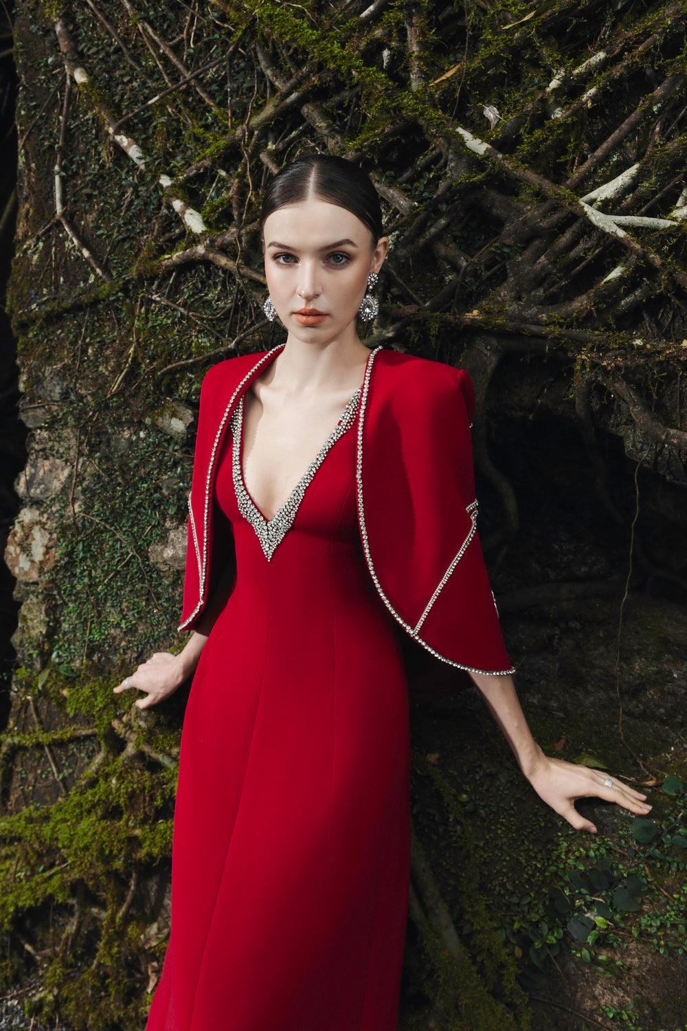 Back Orchid Crystal Embellished Cape With Crystal V-Neck A-line Dress Set