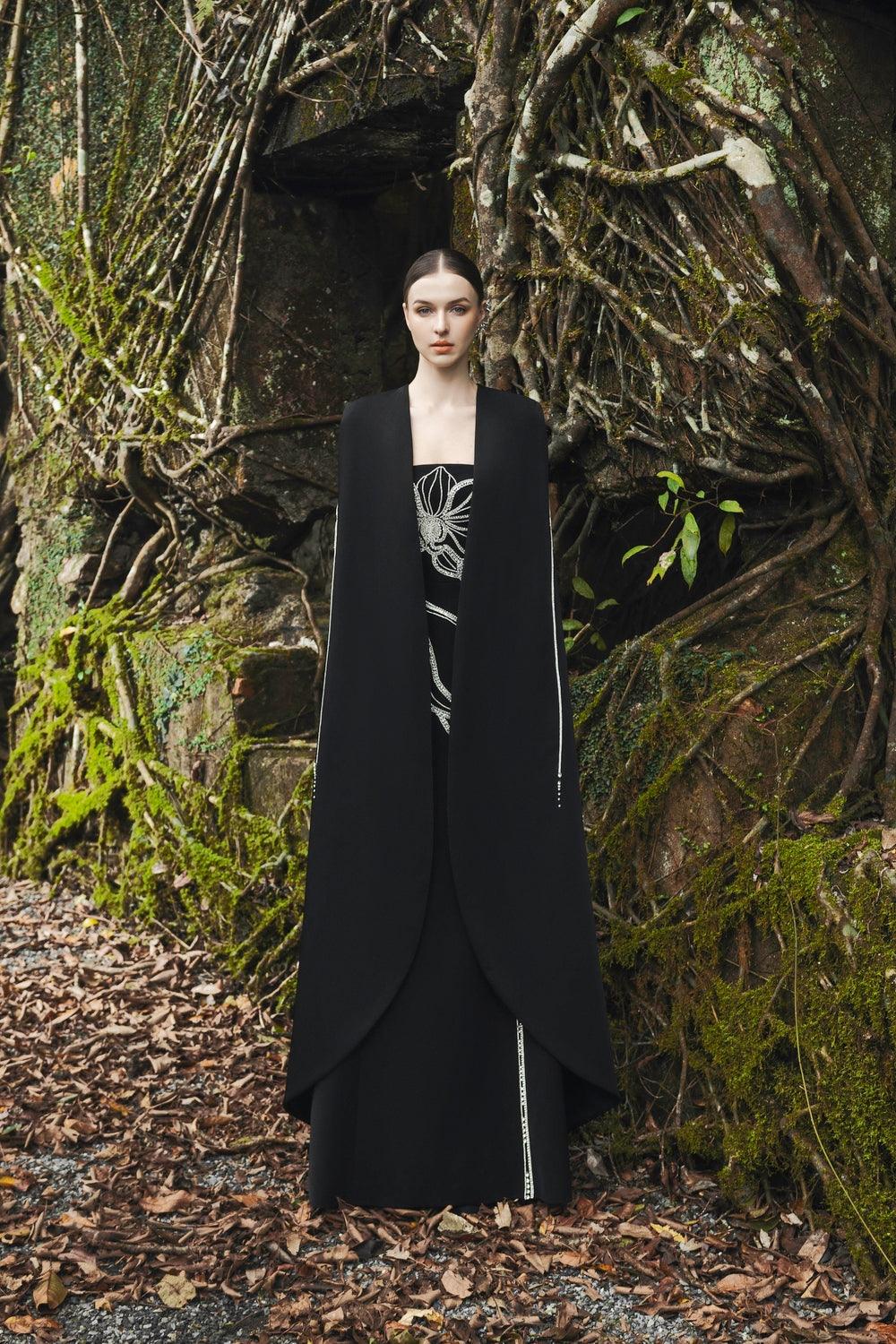 Crystal Embellished Long Back Cape With Strapless Crystal Embellished Dress Set