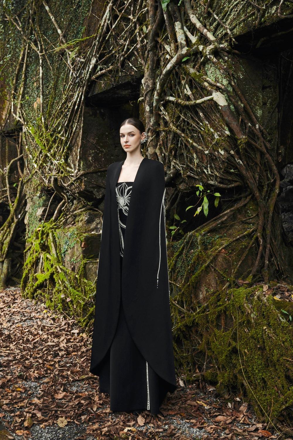 Crystal Embellished Long Back Cape With Strapless Crystal Embellished Dress Set