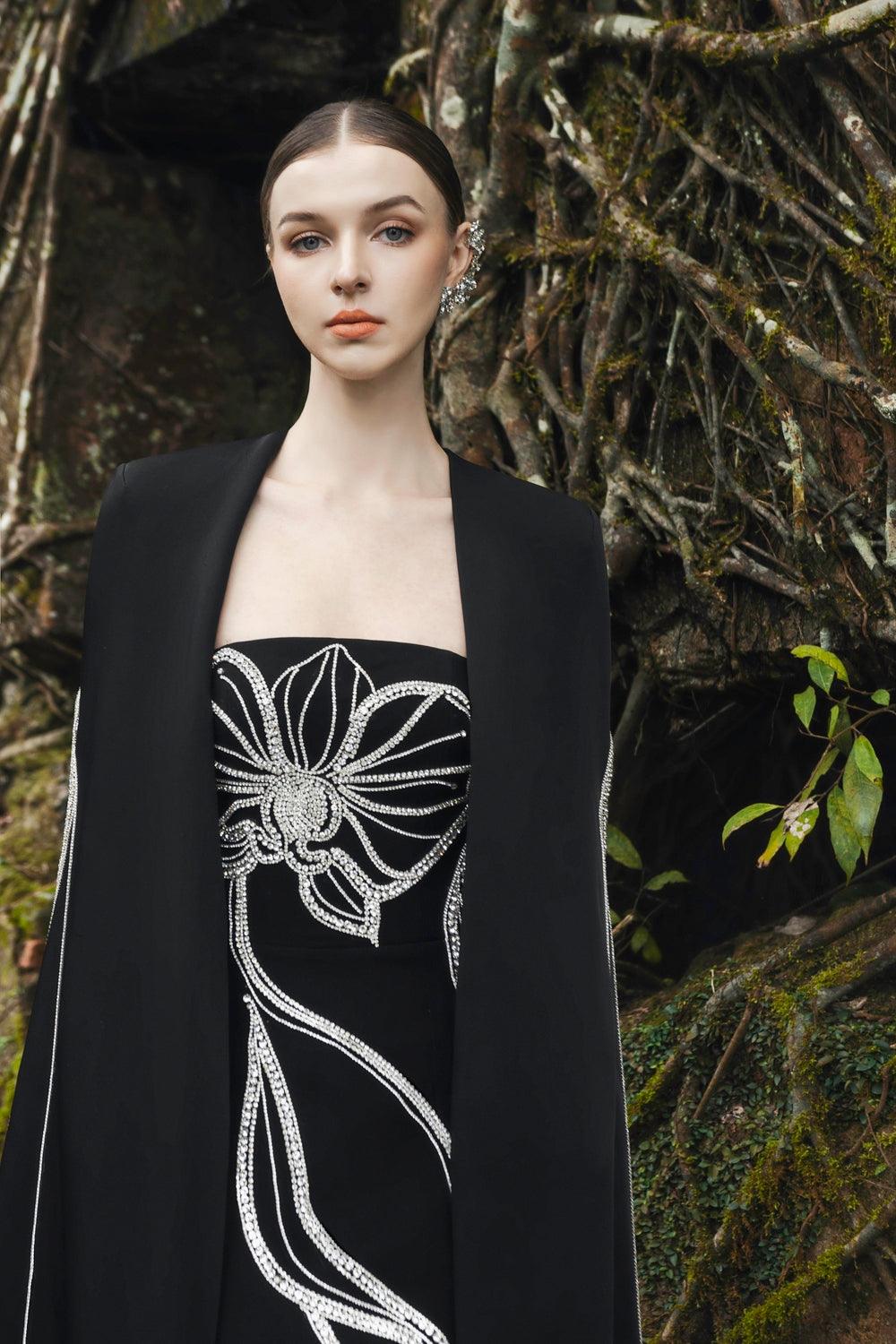 Crystal Embellished Long Back Cape With Strapless Crystal Embellished Dress Set