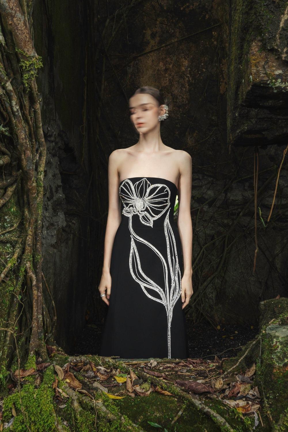 Crystal Embellished Long Back Cape With Strapless Crystal Embellished Dress Set