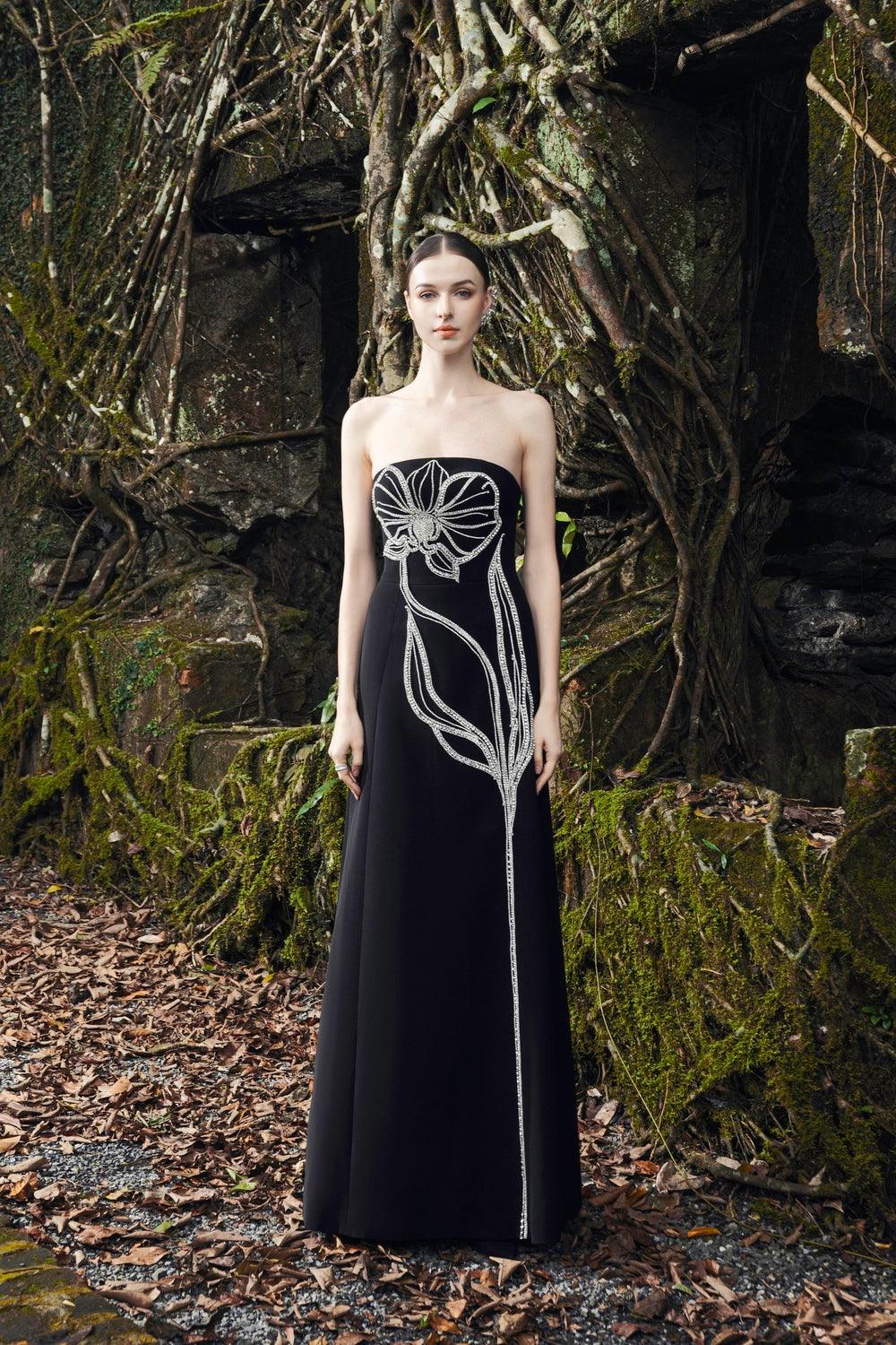 Crystal Embellished Long Back Cape With Strapless Crystal Embellished Dress Set