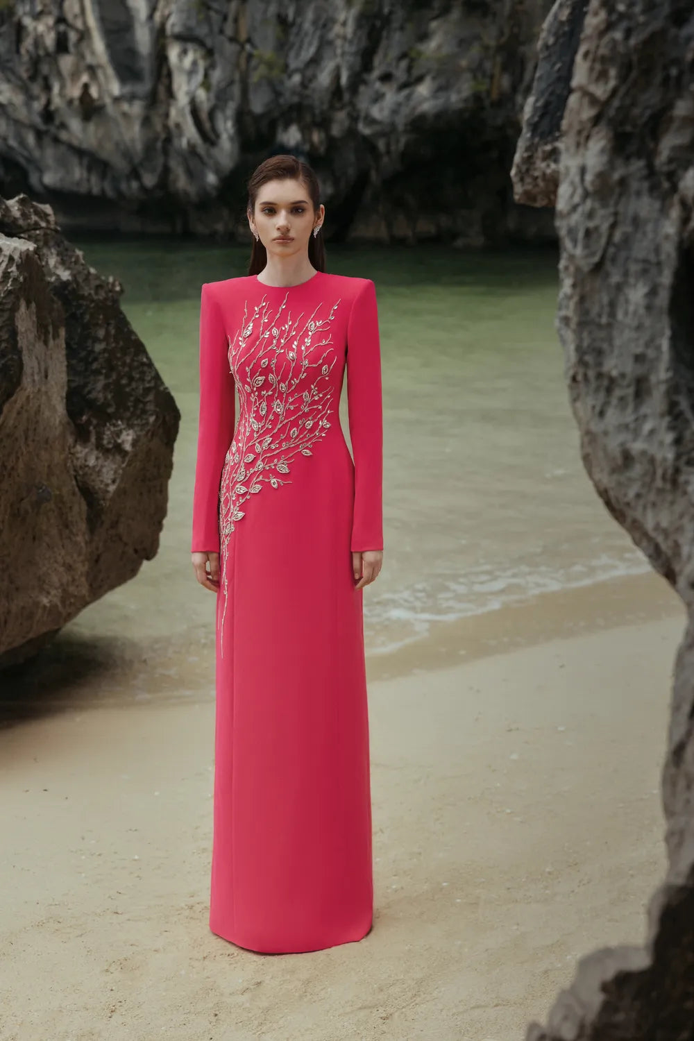 Padded Shoulder Crystal Embellished Straight Dress