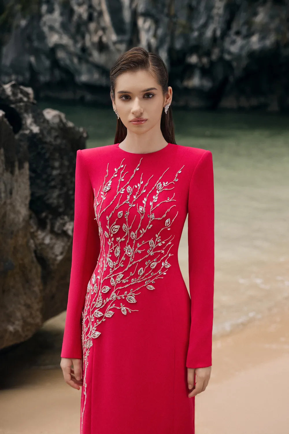 Padded Shoulder Crystal Embellished Straight Dress