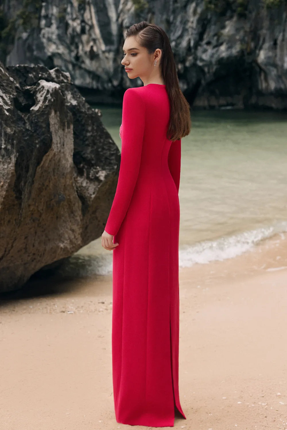 Padded Shoulder Crystal Embellished Straight Dress