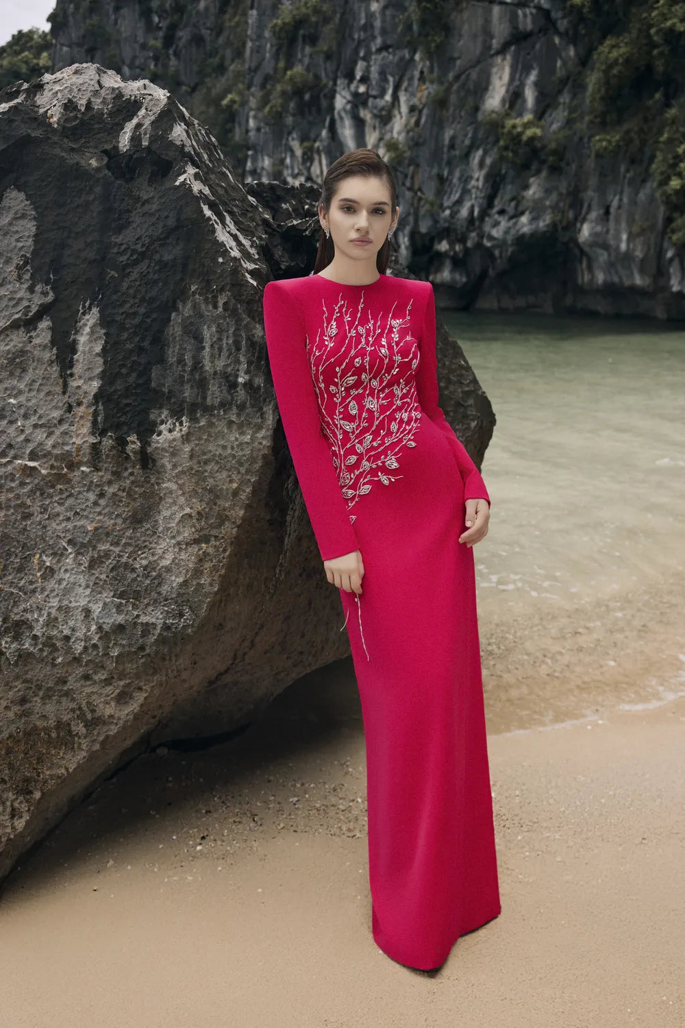 Padded Shoulder Crystal Embellished Straight Dress