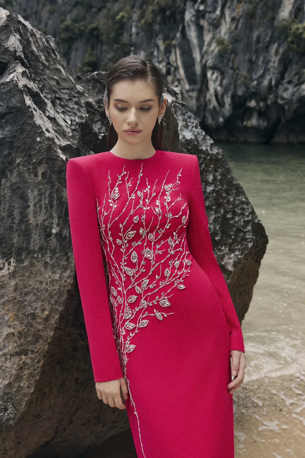 Padded Shoulder Crystal Embellished Straight Dress