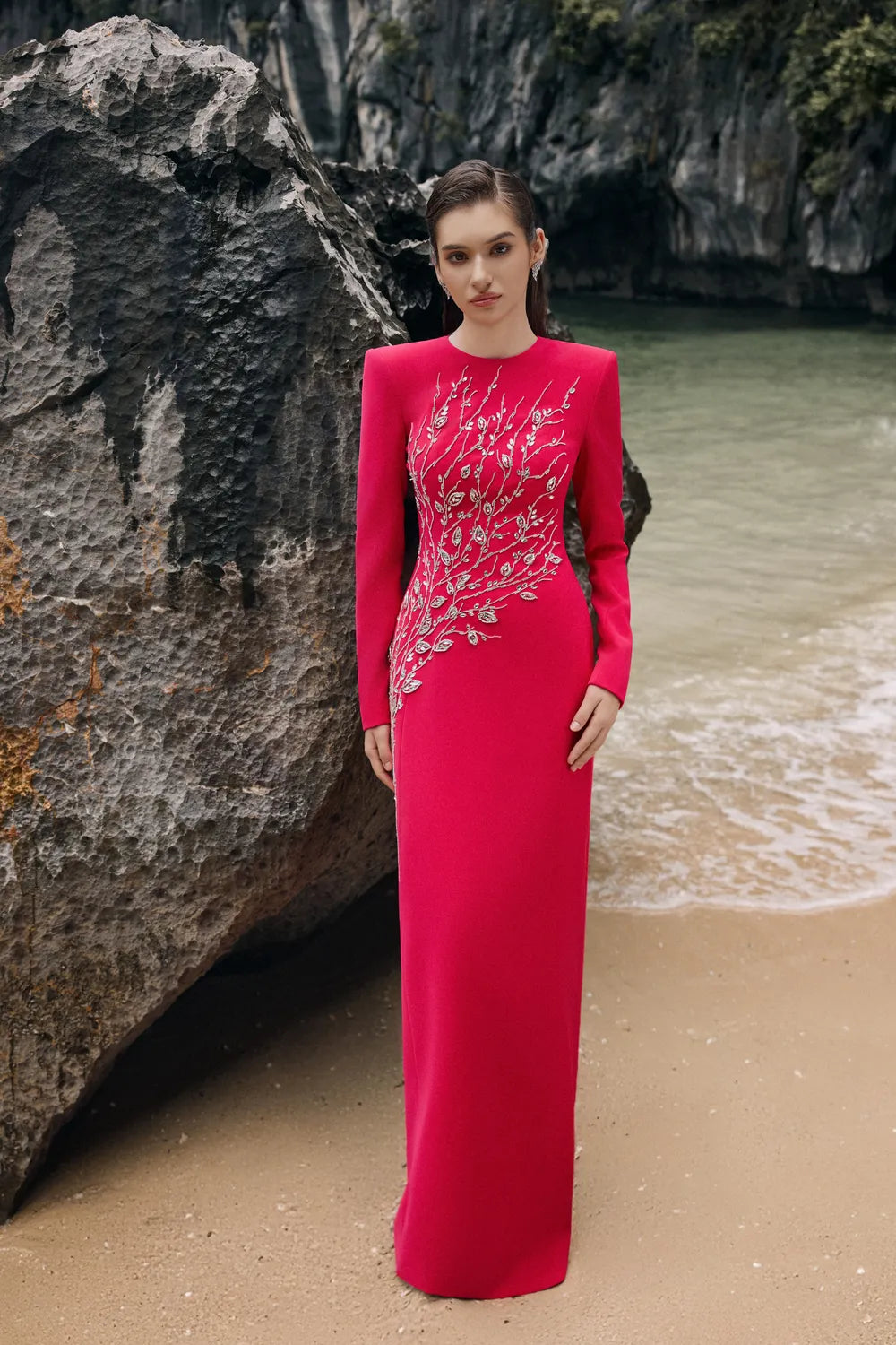 Padded Shoulder Crystal Embellished Straight Dress