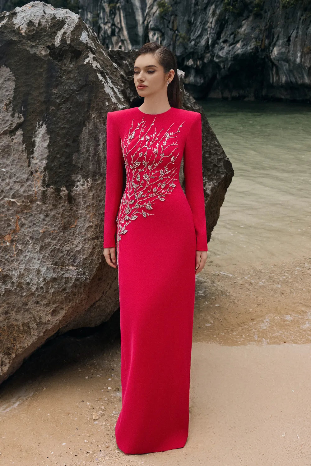 Padded Shoulder Crystal Embellished Straight Dress