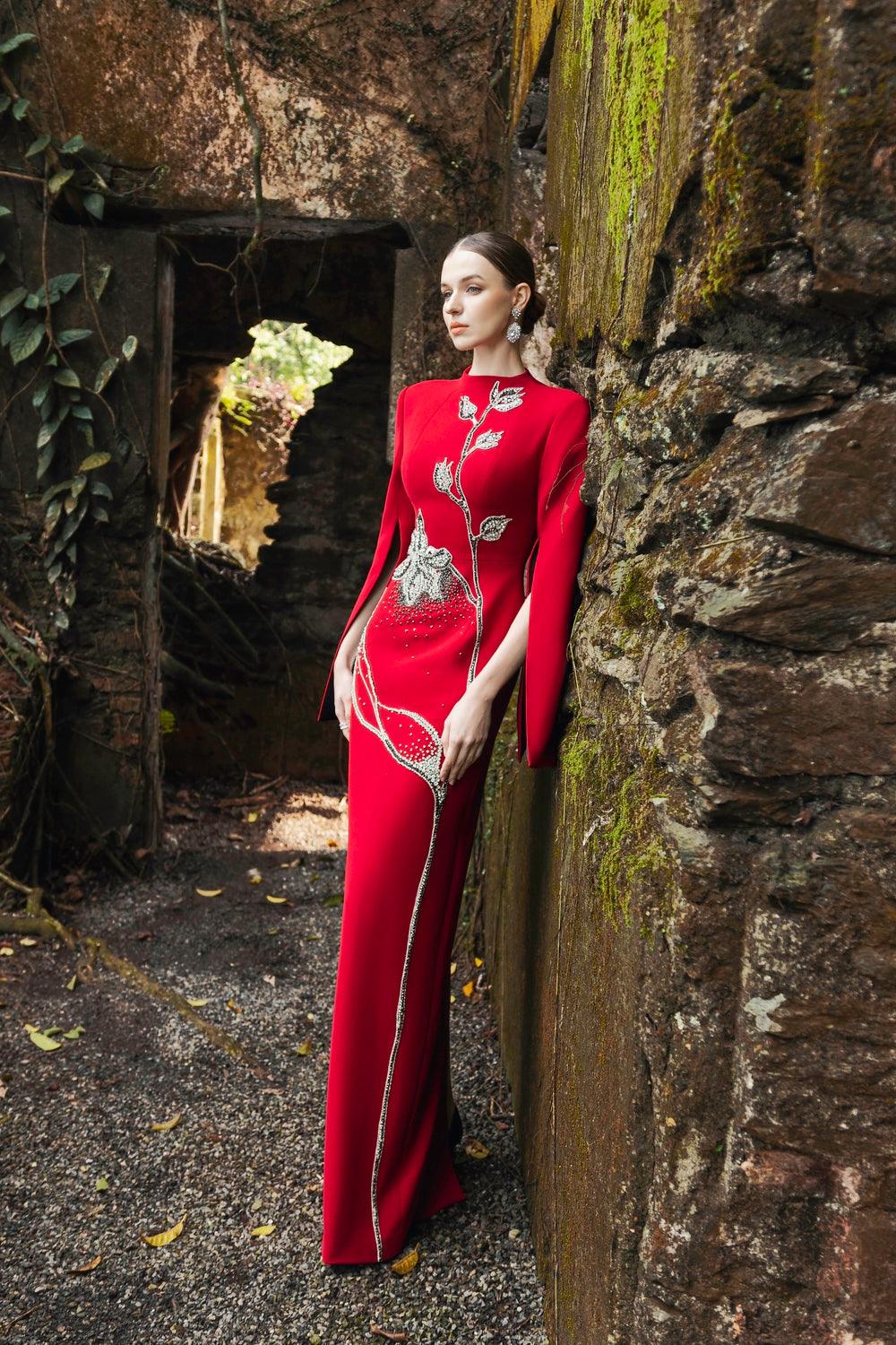 Cape Sleeve Crystal Embellished Dress