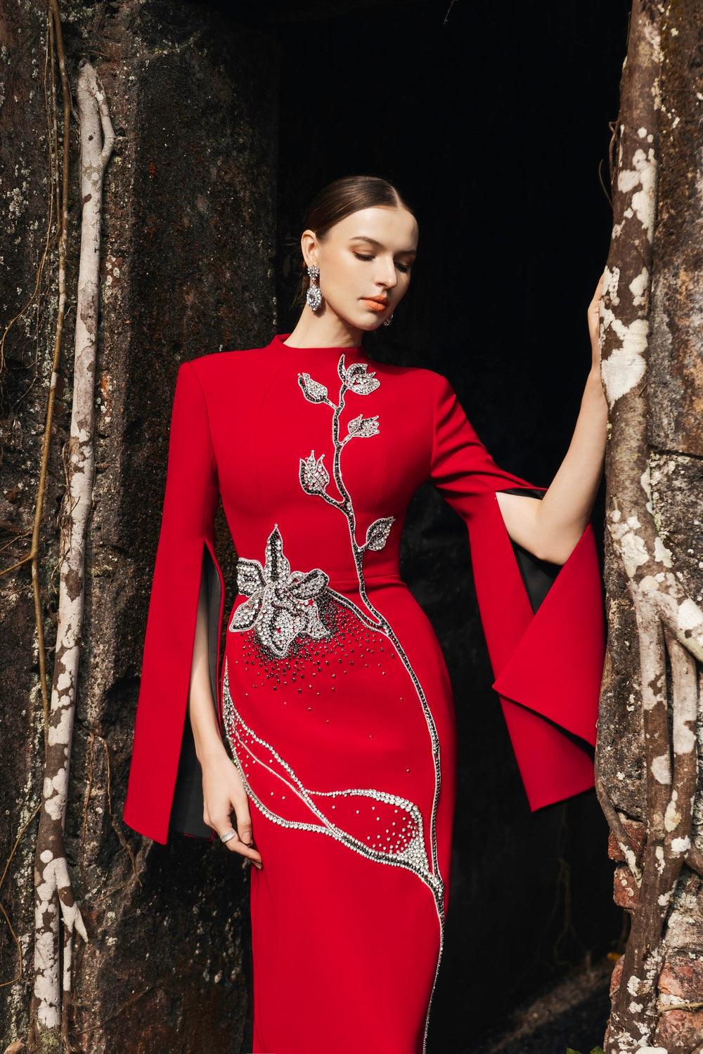 Cape Sleeve Crystal Embellished Dress