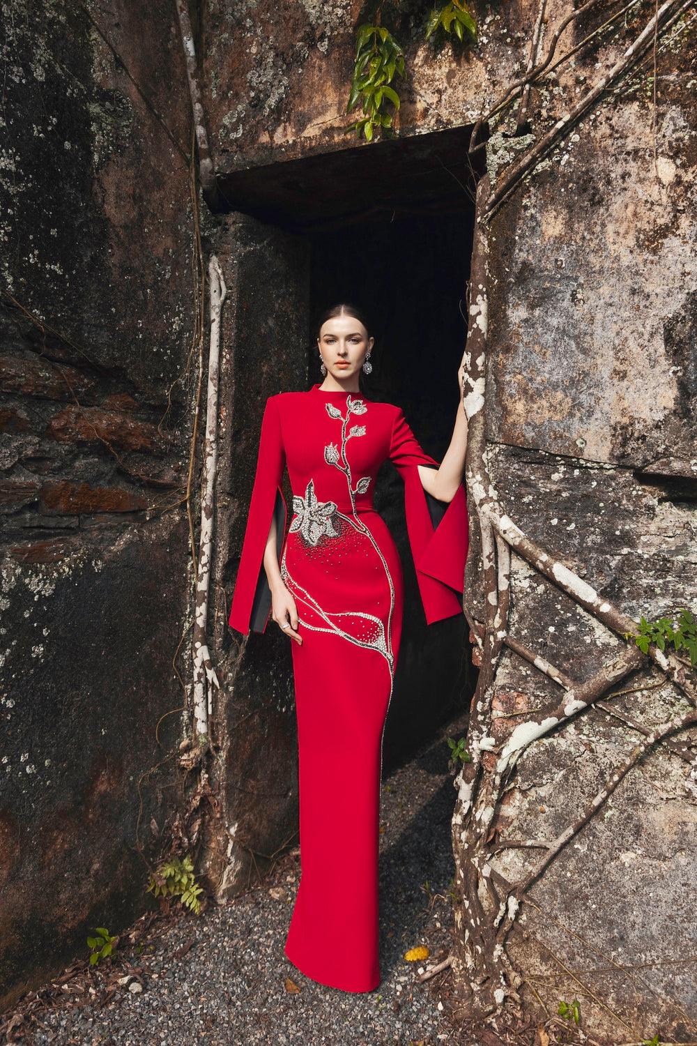 Cape Sleeve Crystal Embellished Dress