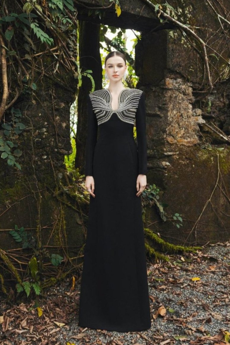 Long Sleeve Crystal Embellished Chest Dress