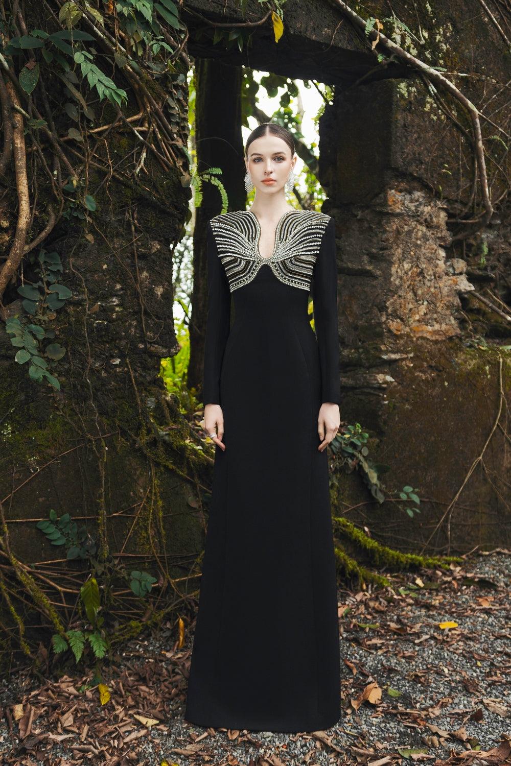 Long Sleeve Crystal Embellished Chest Dress S / Black Long Sleeve Crystal Embellished Chest Dress S / Black