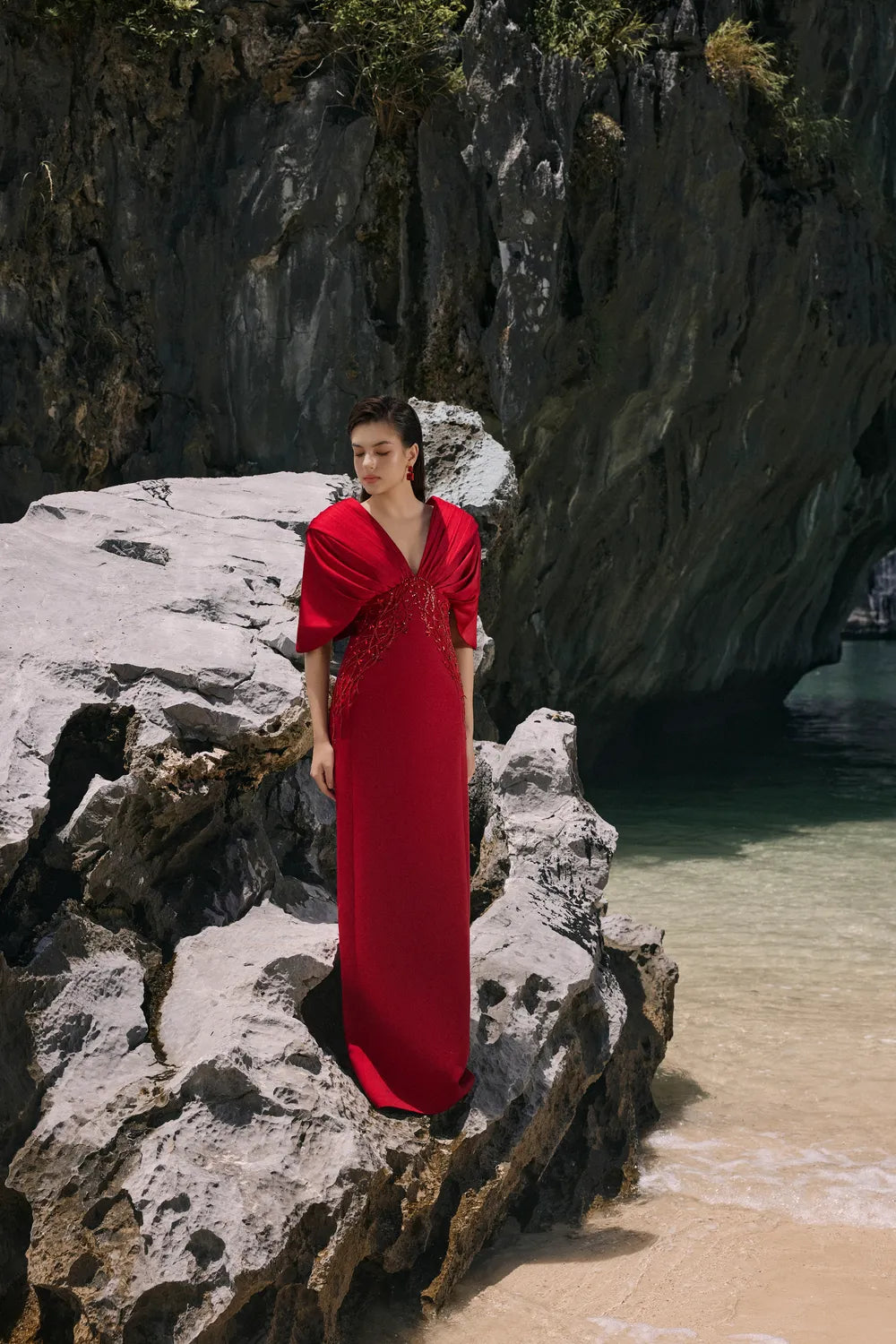 Deep V-Neck Short Cape Sleeves Dress