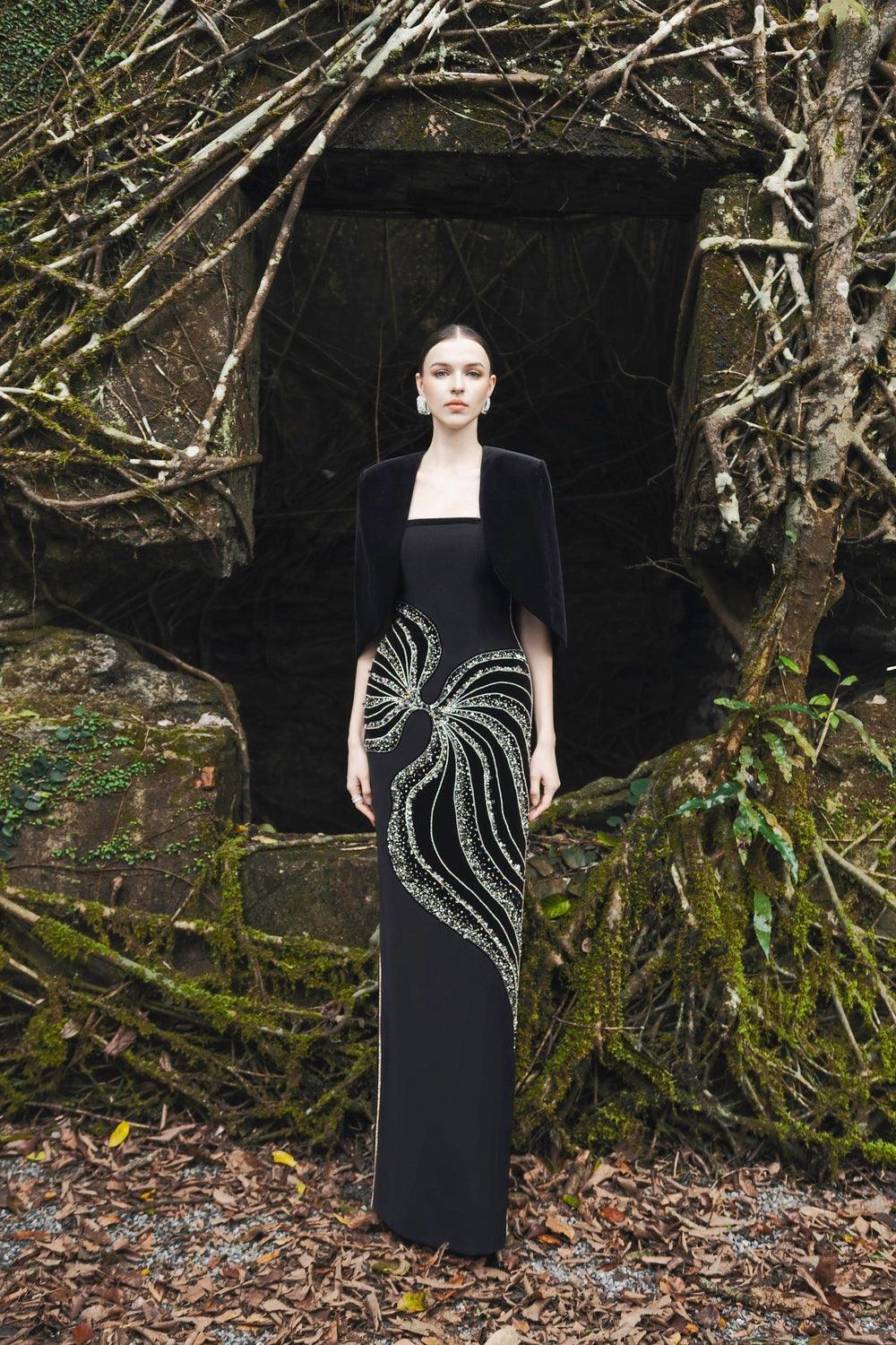 Curved Flap Short Cape With Crystal Embellished Straight Dress Set