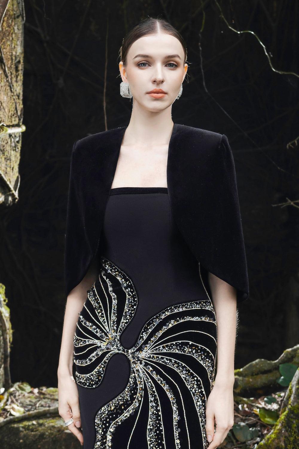 Curved Flap Short Cape With Crystal Embellished Straight Dress Set