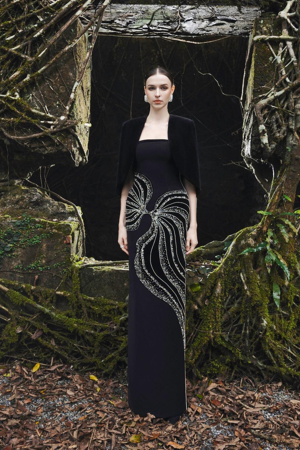 Curved Flap Short Cape With Crystal Embellished Straight Dress Set