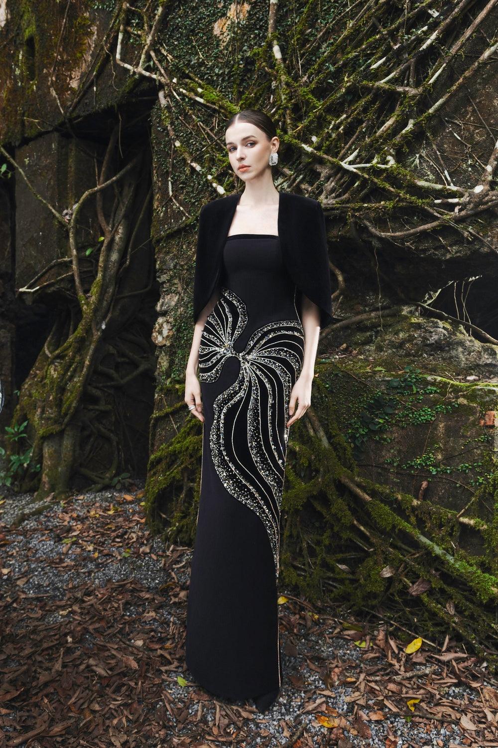 Curved Flap Short Cape With Crystal Embellished Straight Dress Set