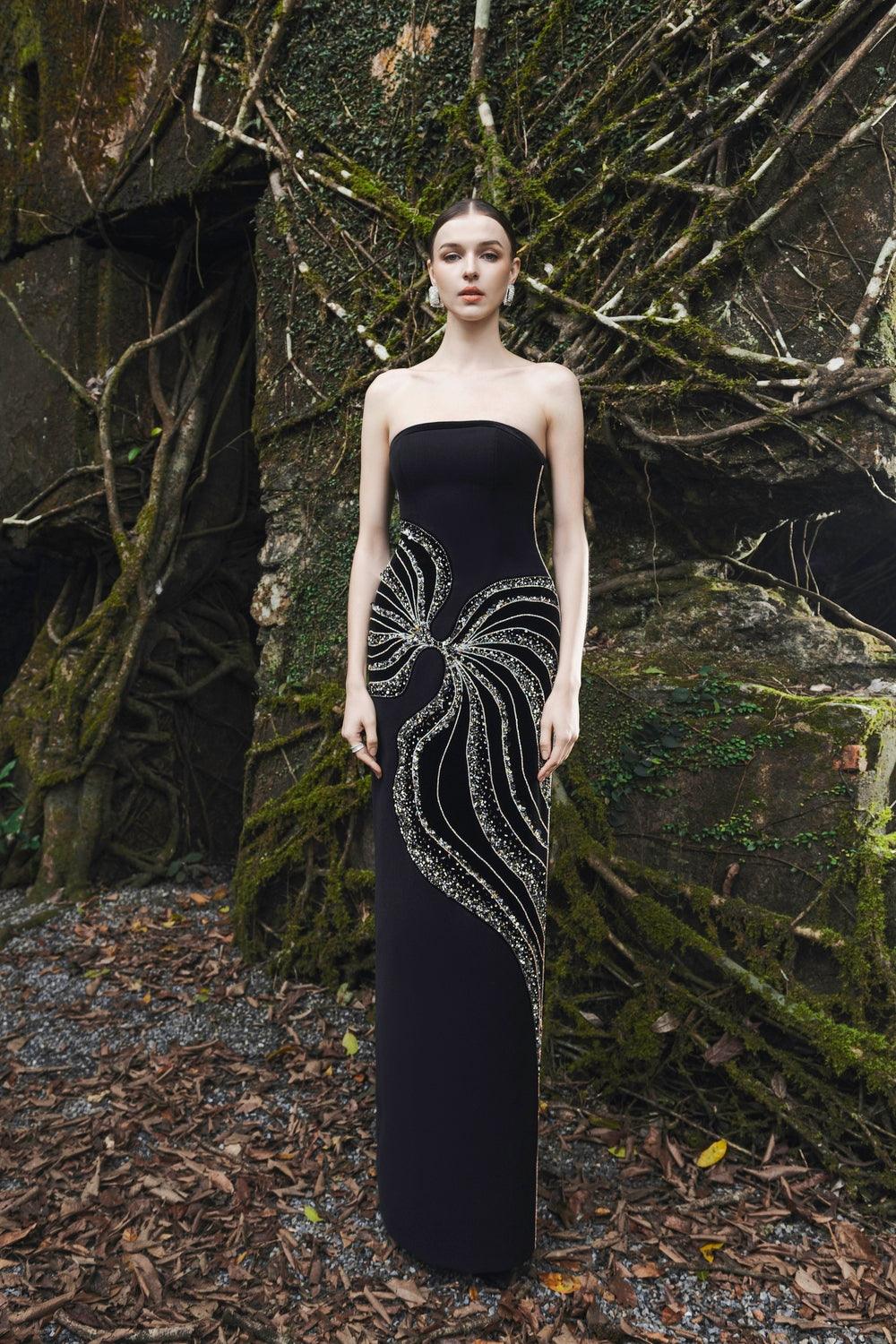 Curved Flap Short Cape With Crystal Embellished Straight Dress Set