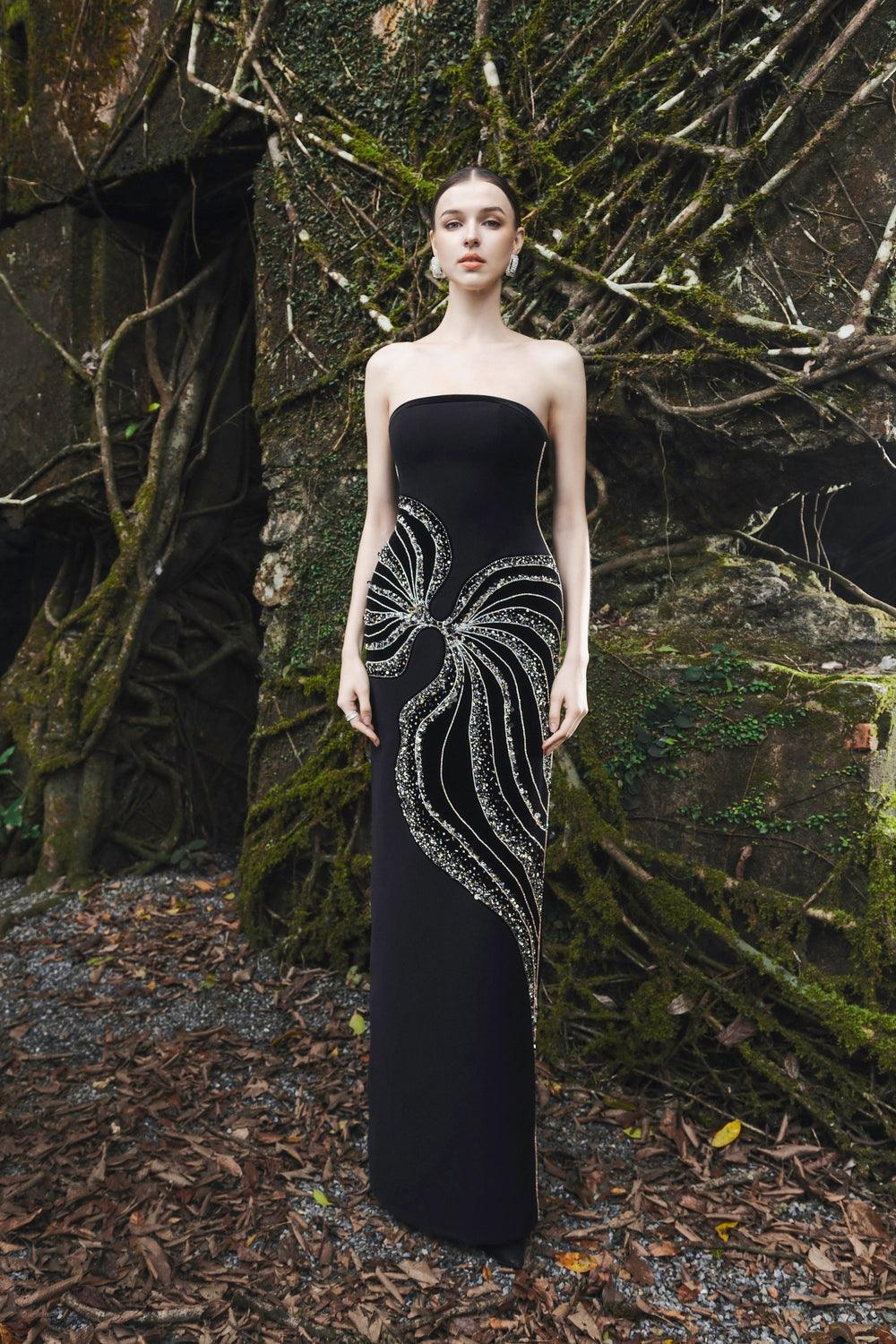 Curved Flap Short Cape With Crystal Embellished Straight Dress Set