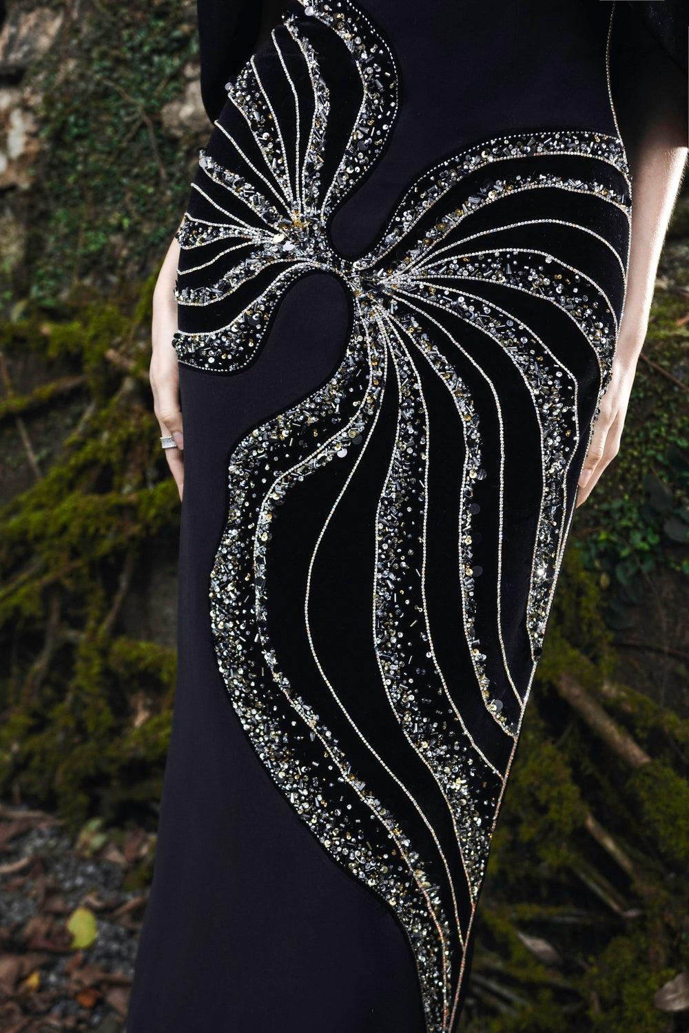 Curved Flap Short Cape With Crystal Embellished Straight Dress Set