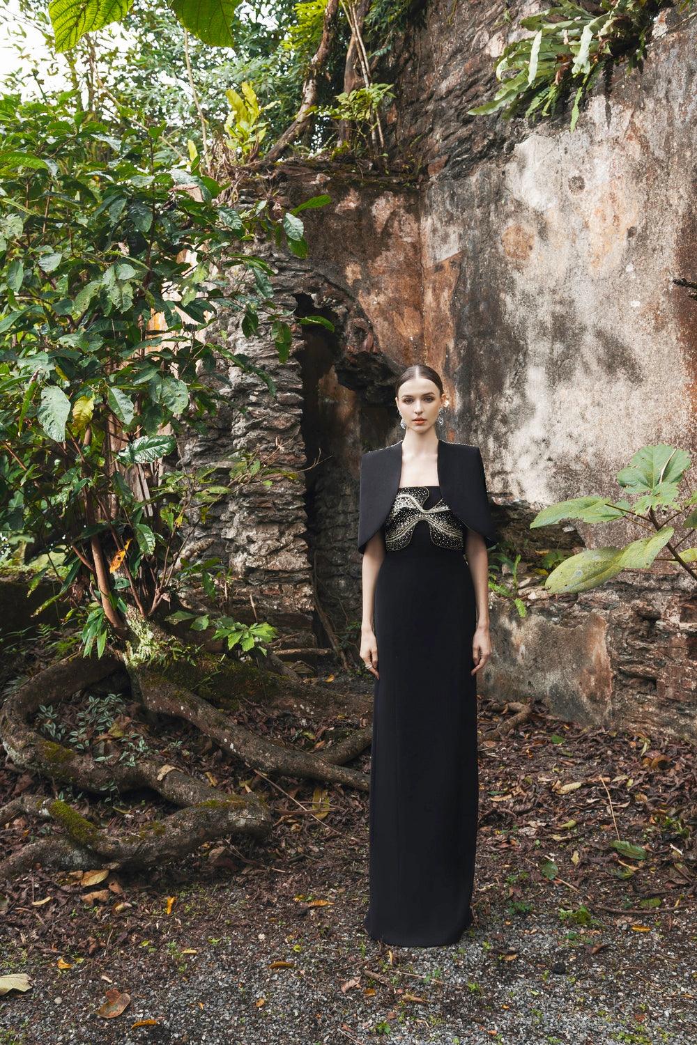 Chest Crystal Embellished Strapless Dress With Back Crystal Embellished Short Cape Set