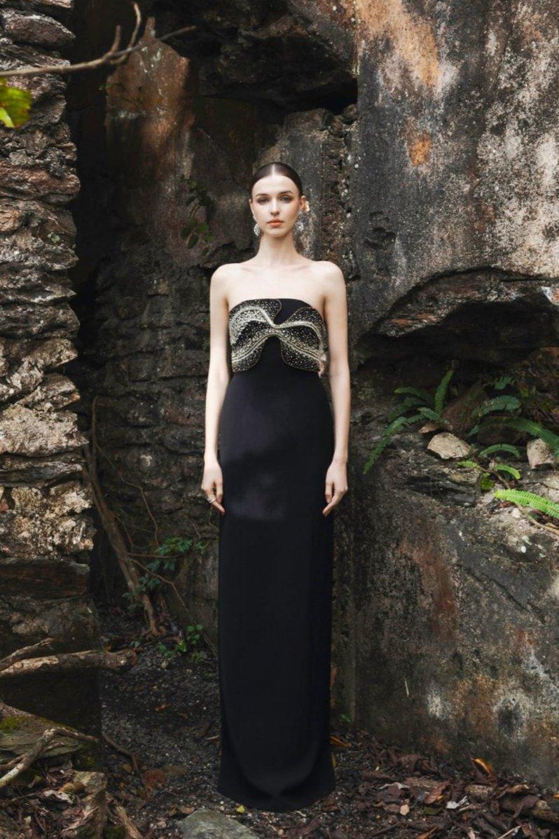 Chest Crystal Embellished Strapless Dress With Back Crystal Embellished Short Cape Set