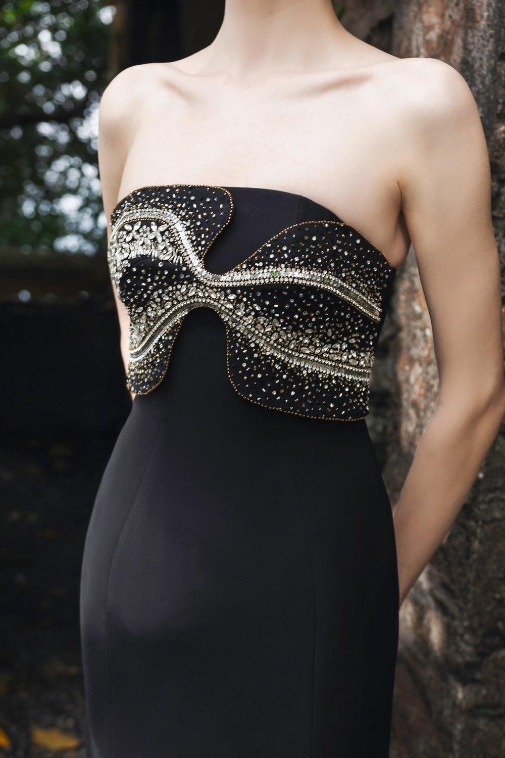 Chest Crystal Embellished Strapless Dress With Back Crystal Embellished Short Cape Set