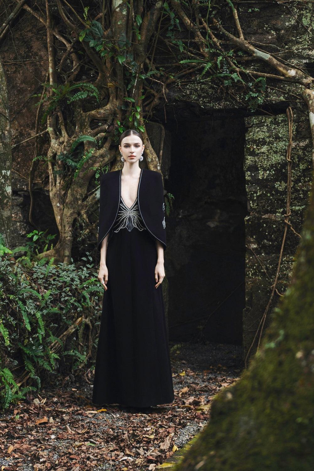 Orchid Crystal Embellished Cape With V-Neck Orchid Crystal Dress Set