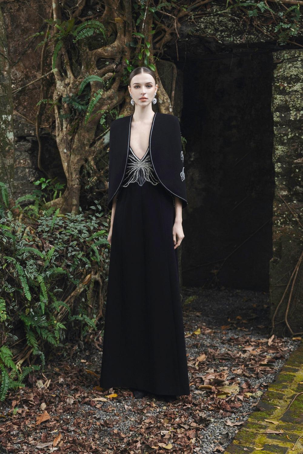 Orchid Crystal Embellished Cape With V-Neck Orchid Crystal Dress Set