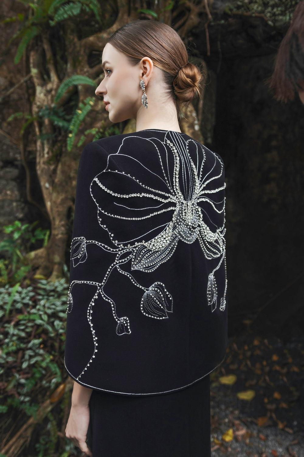 Orchid Crystal Embellished Cape With V-Neck Orchid Crystal Dress Set